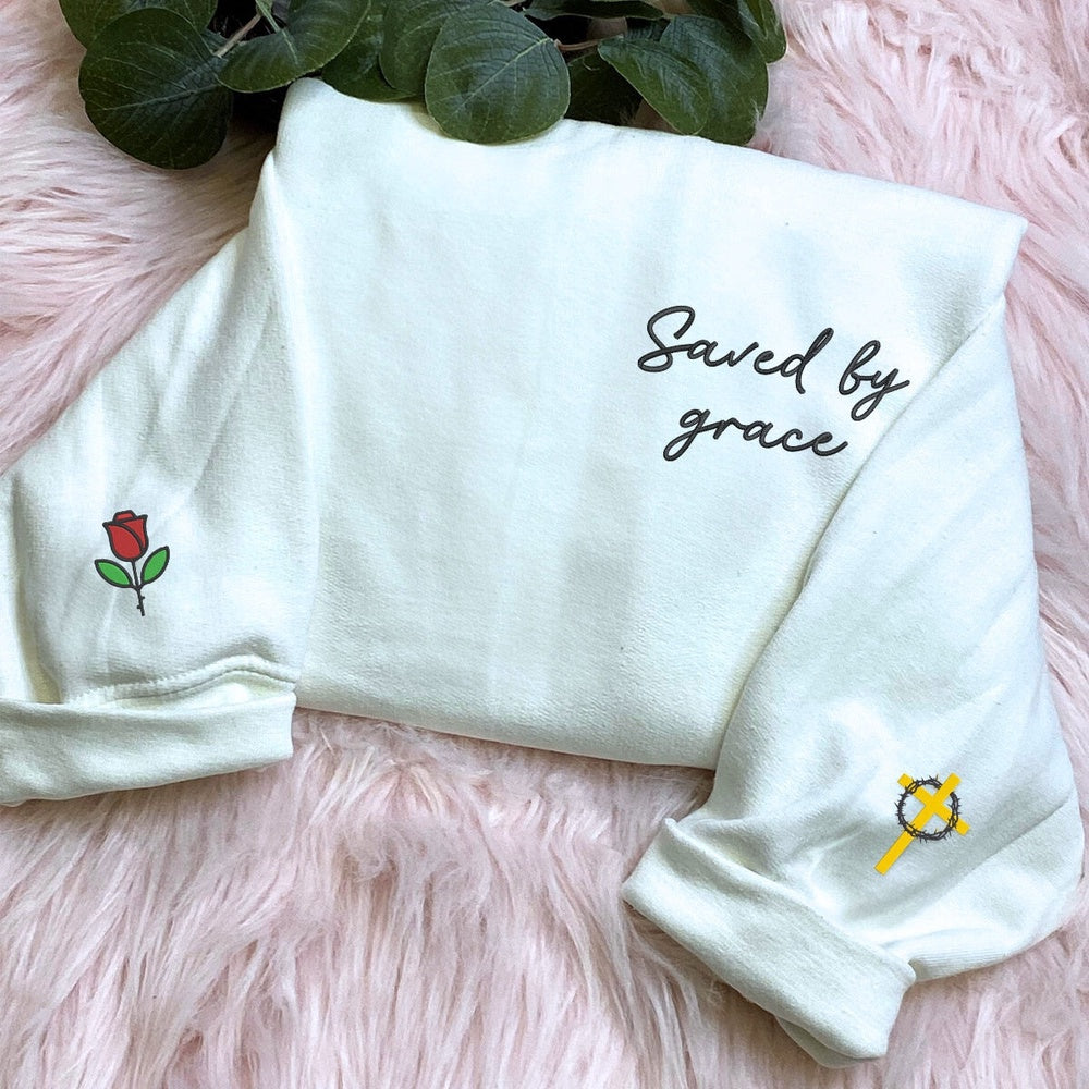 Embroidered Saved By Grace Sweatshirt, Custom Cross On Sleeve, Christmas Embroidered, Christmas Gifts