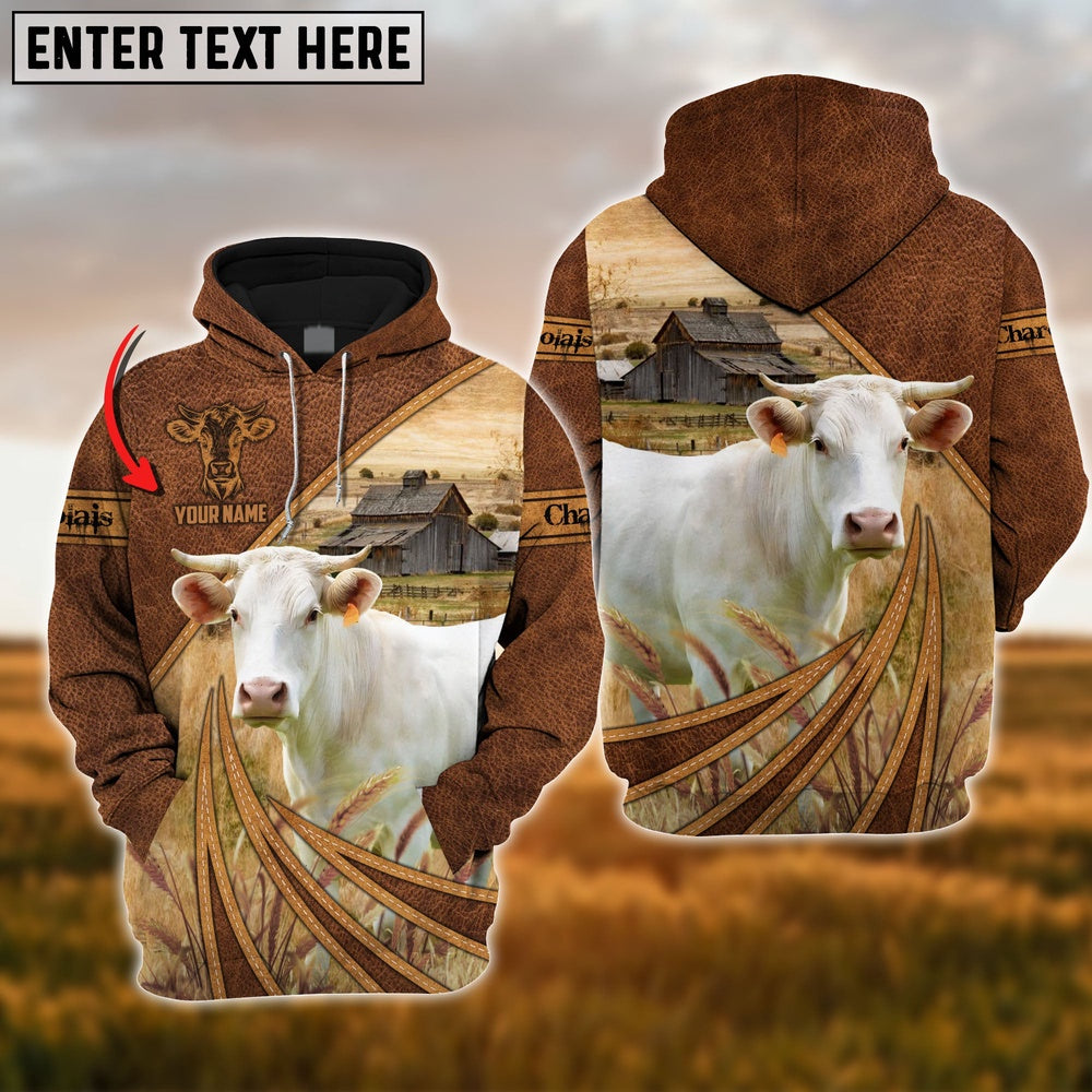 Farm Charolais Cattle Leather Pattern 3D Custom Name Printed Shirts, Farmer Hoodie, Custom Farm Shirts, Farmer T Shirt