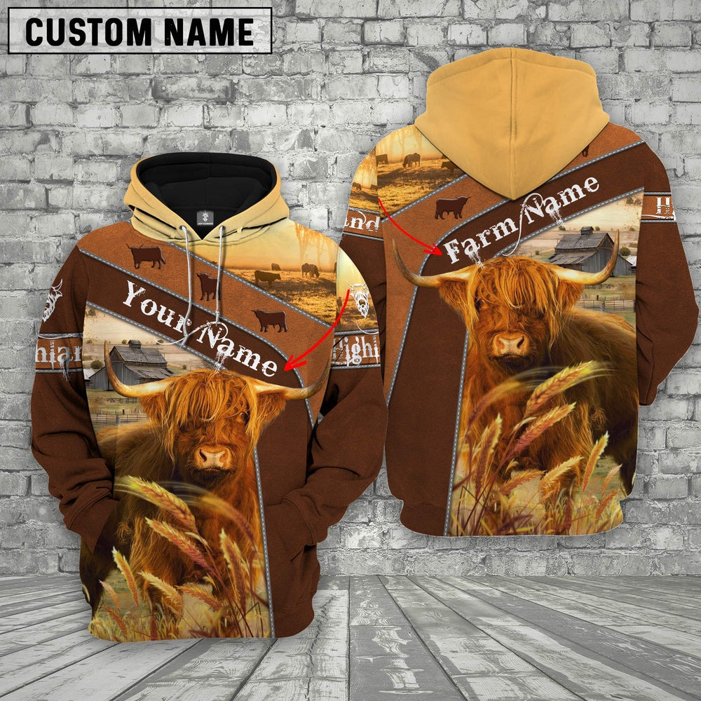 Farm Custom Name Highland Cattle On Farm 3D Printed Hoodie, Farmer Hoodie, Custom Farm Shirts, Farmer T Shirt
