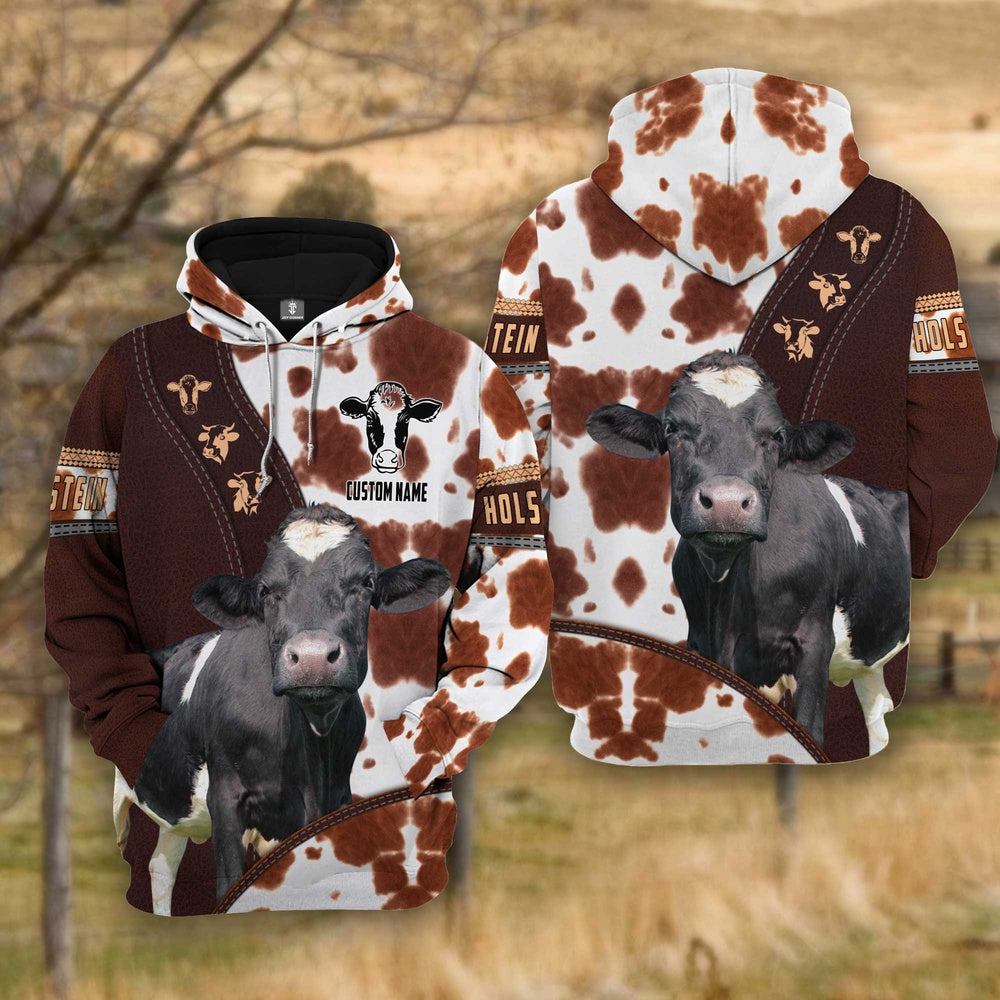 Farm Holstein Cattle Brown Leather Pattern Custom Name 3D Shirts, Farmer Hoodie, Custom Farm Shirts, Farmer T Shirt