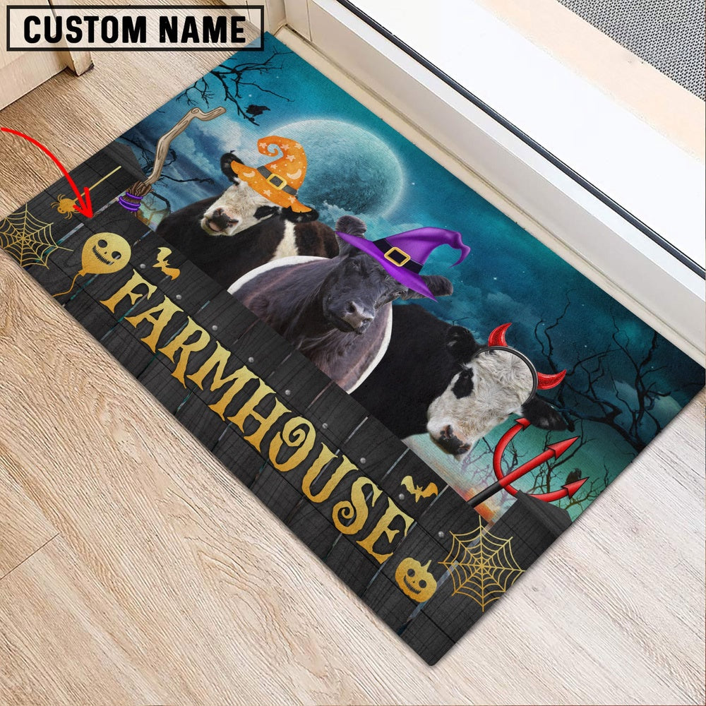 Farm House Door Mat, Belted Galloway Farmhouse Halloween Custom Name Doormat, Custom Welcome Mats