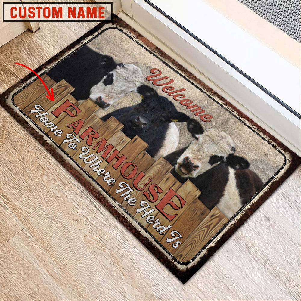 Farm House Door Mat, Belted Galloway Welcome Custom Name Doormat, Custom Welcome Mats