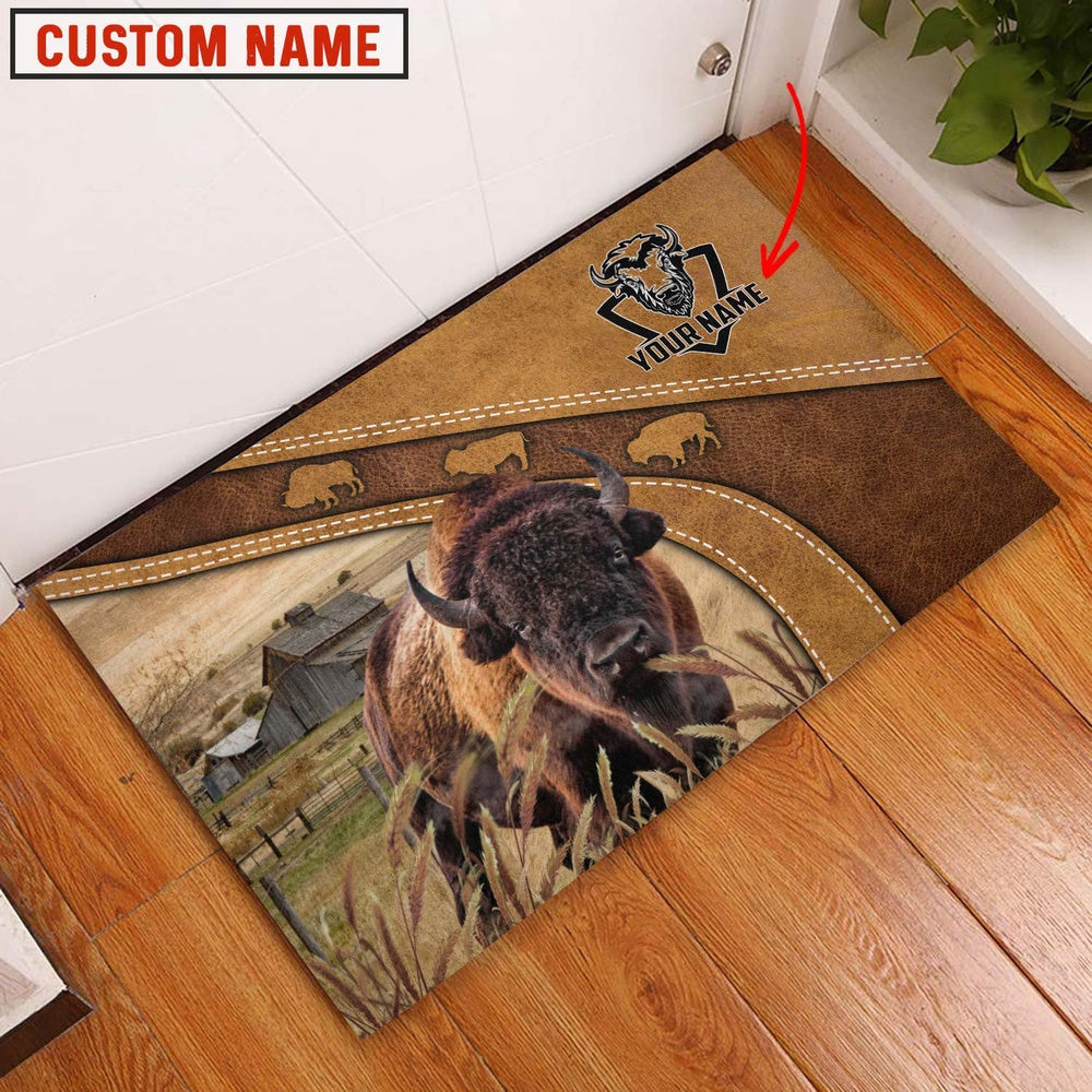 Farm House Door Mat, Bison Personalized Welcome Brown Doormat, Custom Welcome Mats