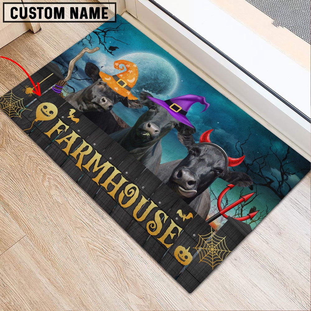 Farm House Door Mat, Black Angus Farmhouse Halloween Custom Name Doormat, Custom Welcome Mats