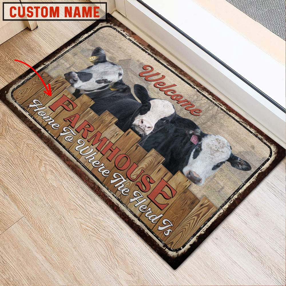 Farm House Door Mat, Black Baldy Custom Name Home To Where The Herd Is FarmHouse Doormat, Custom Welcome Mats