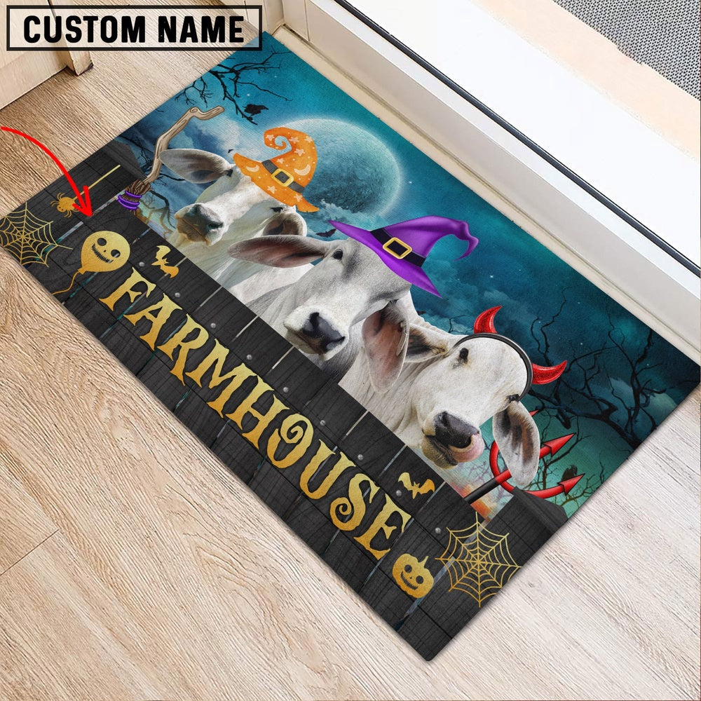 Farm House Door Mat, Brahman Farmhouse Halloween Custom Name Doormat, Custom Welcome Mats