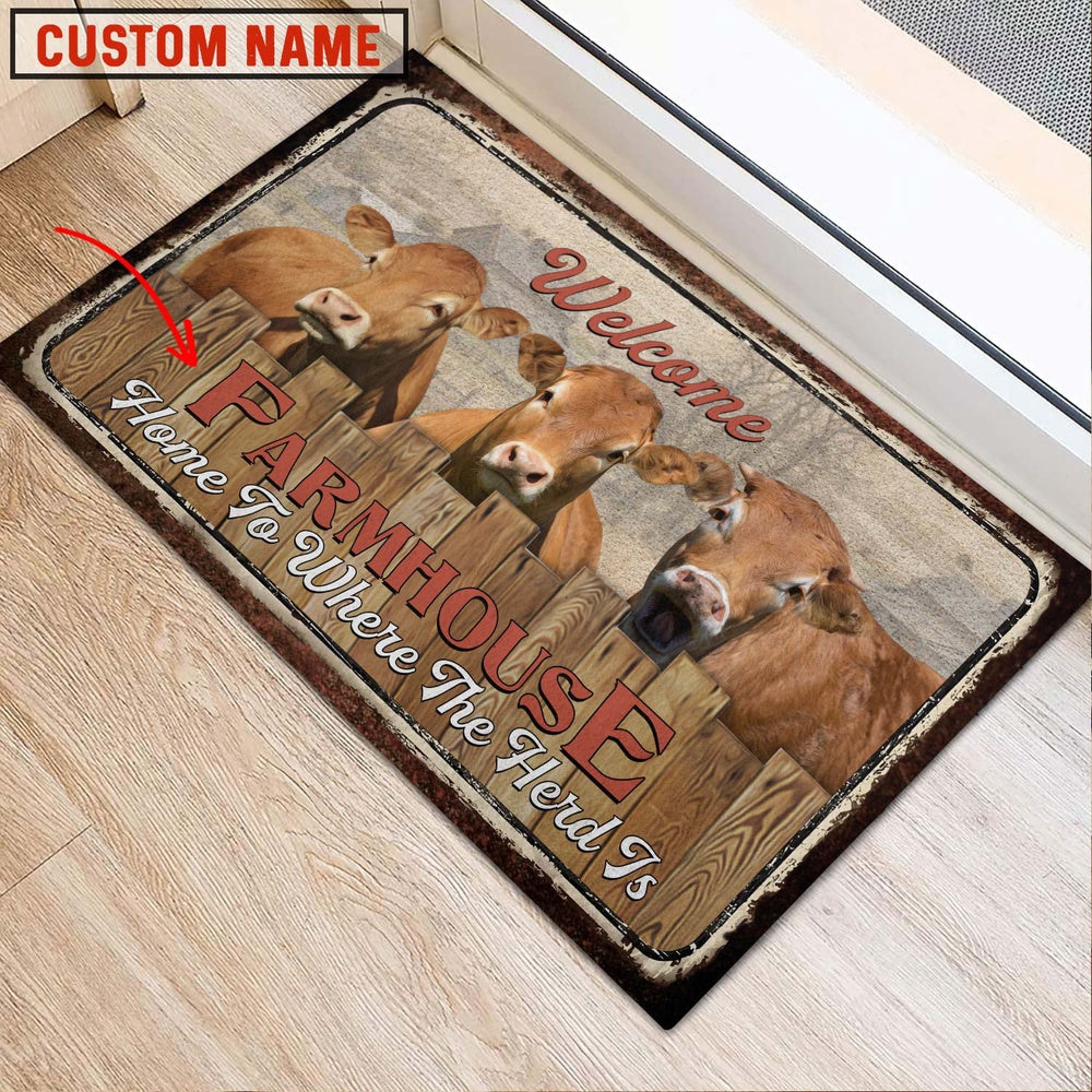 Farm House Door Mat, Fleckvieh Custom Name Home To Where The Herd Is FarmHouse Doormat, Custom Welcome Mats