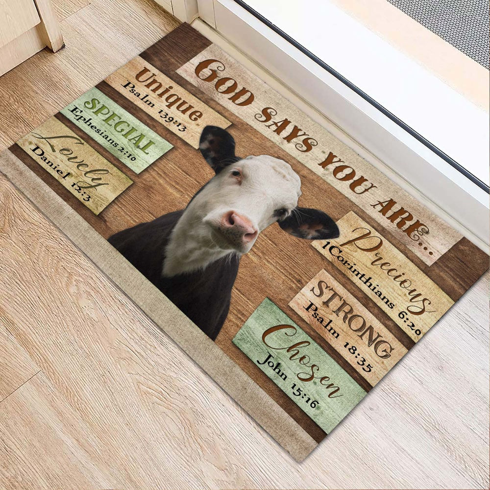 Farm House Door Mat, God Says You Are Black Baldy Cattle Doormat, Custom Welcome Mats