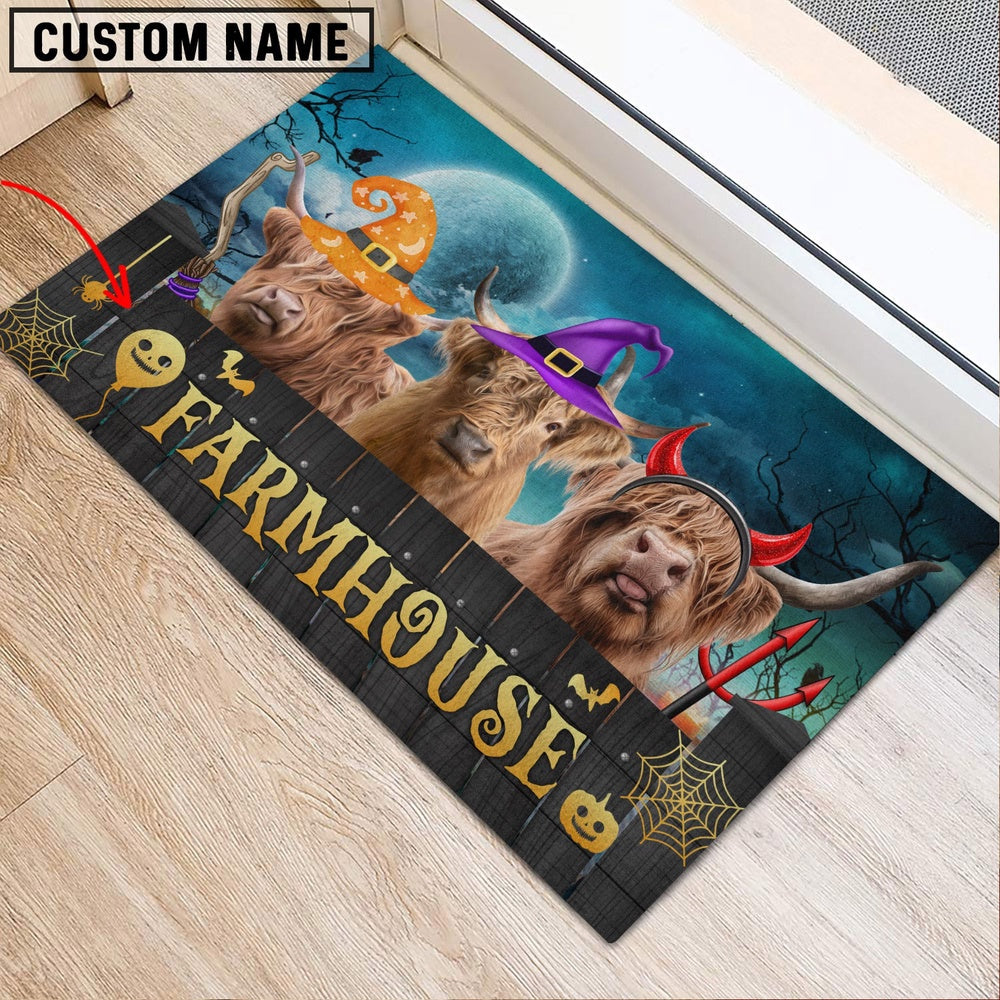Farm House Door Mat, Highland Farmhouse Halloween Custom Name Doormat, Custom Welcome Mats