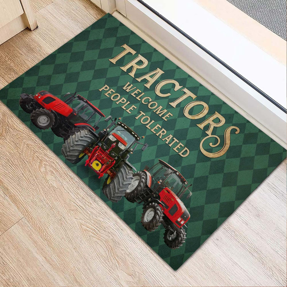 Farm House Door Mat, Red Tractor Welcome People Tolerated Doormat, Custom Welcome Mats