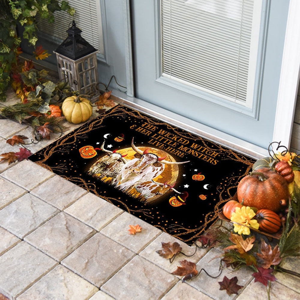 Farm House Door Mat, TX Longhorn The Wicked Witch And Her Little Monsters Live Here Doormat, Custom Welcome Mats