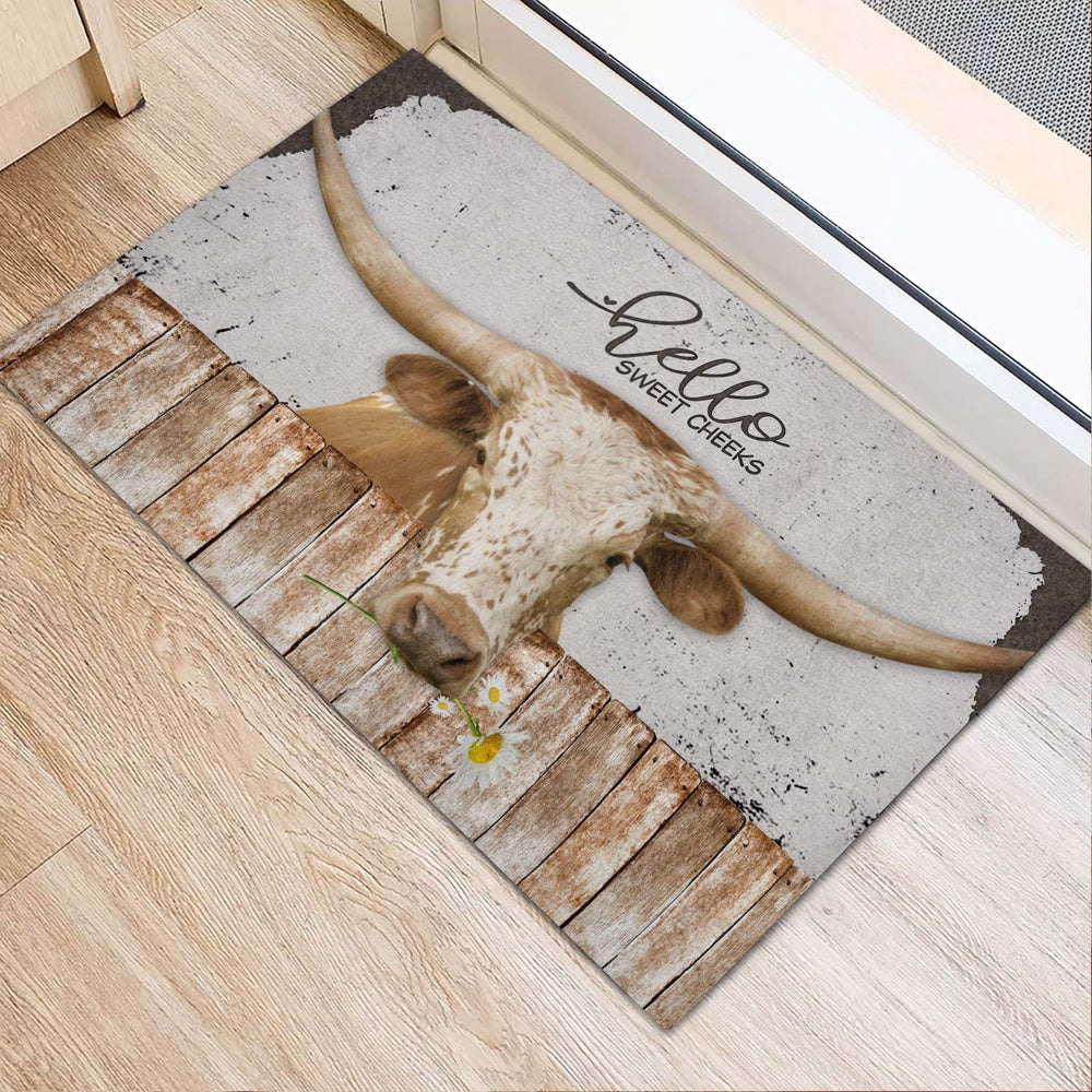 Farm House Door Mat, Texas Longhorn Hello Sweet Checks Doormat, Custom Welcome Mats