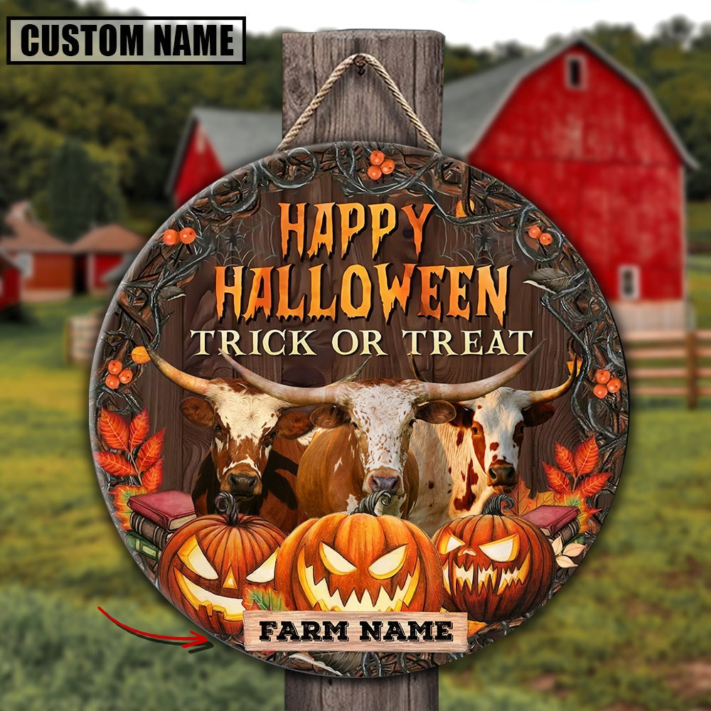 Farm Name Texas Longhorn Happy Halloween Wooden Sign, Farm Wood Sign, Farm House Wood Signs