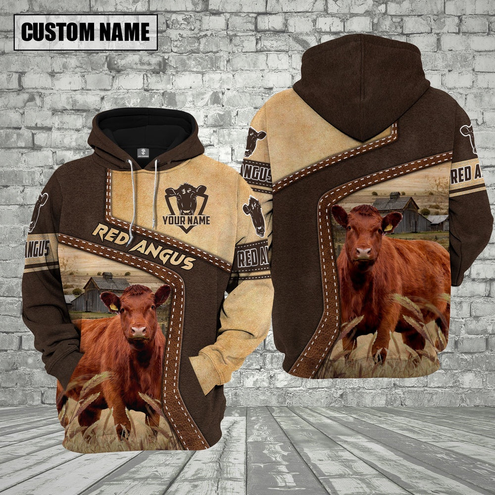 Farm Red Angus Brown Leather Pattern Custom Name 3D Shirts, Farmer Hoodie, Custom Farm Shirts, Farmer T Shirt