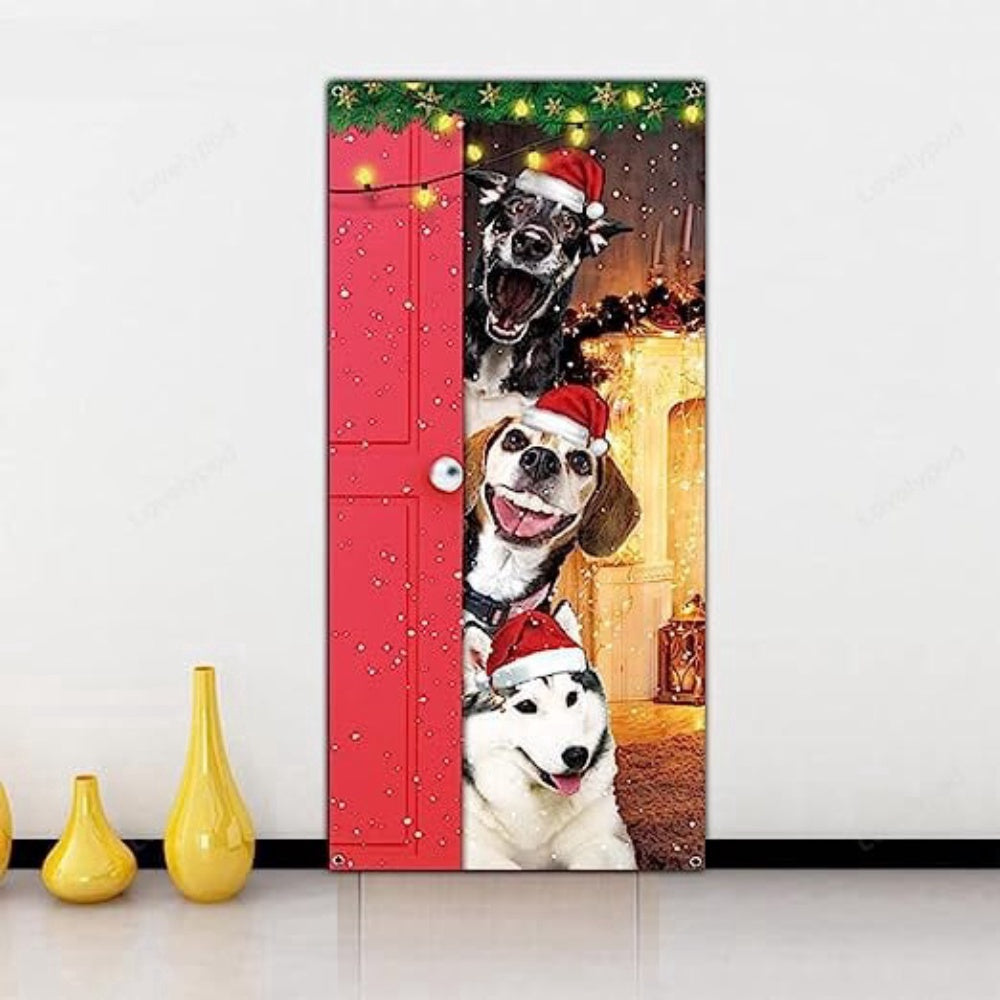 Festive Santa Dogs Merry Christmas Door Cover, Xmas Party Supplies, Christmas Gift Decor