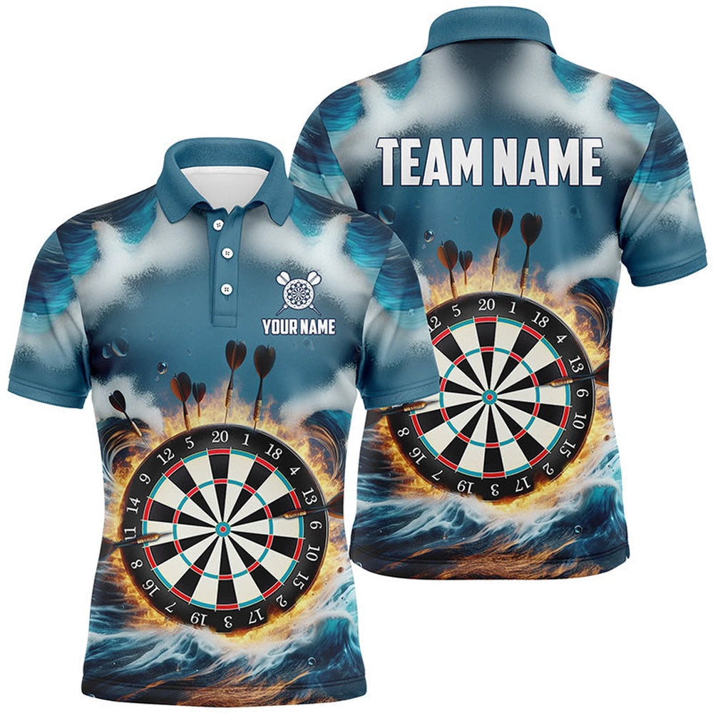 Fire And Water Blue Mens Darts Polo Shirt Custom Darts Shirt For Men Dart Polo, Darts Team Polo Shirt