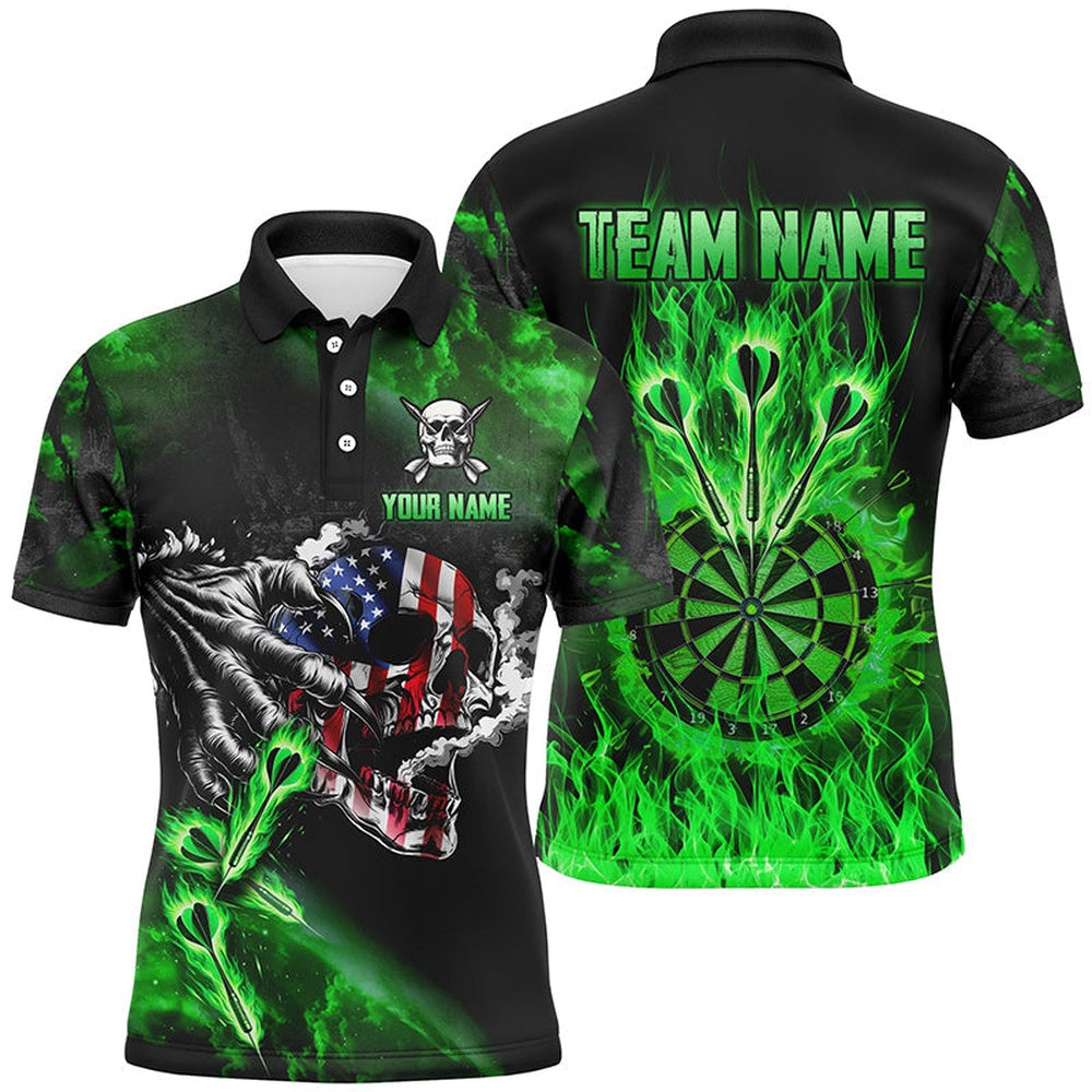 Fire Flame Darts Board American Flag Skull Dart Shirts For Men Custom Darts Team Polo Green, Darts Team Polo Shirt