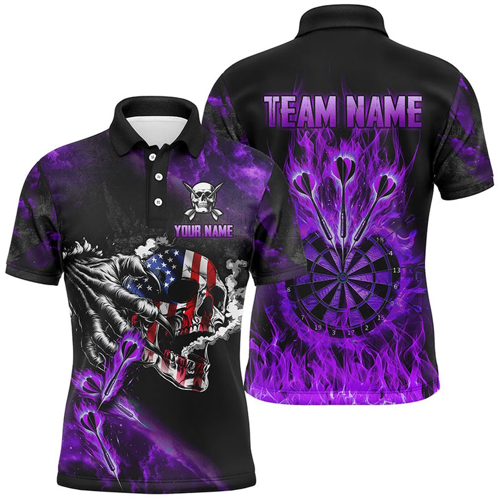 Fire Flame Darts Board American Flag Skull Dart Shirts For Men Custom Darts Team Polo Purple, Darts Team Polo Shirt