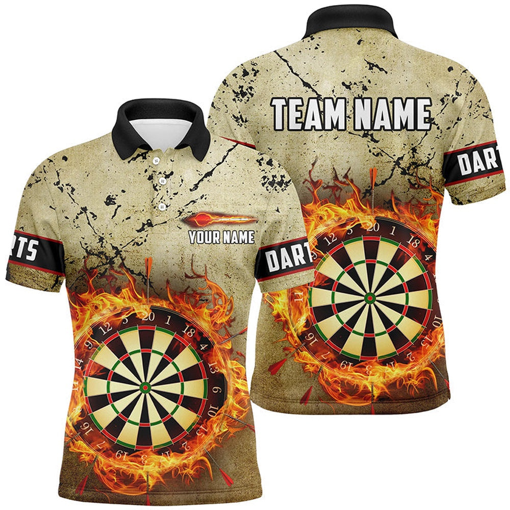 Fire Flame Darts Board Grunge Men Darts Polo Shirts Custom Retro Darts Polo Shirts, Darts Team Polo Shirt