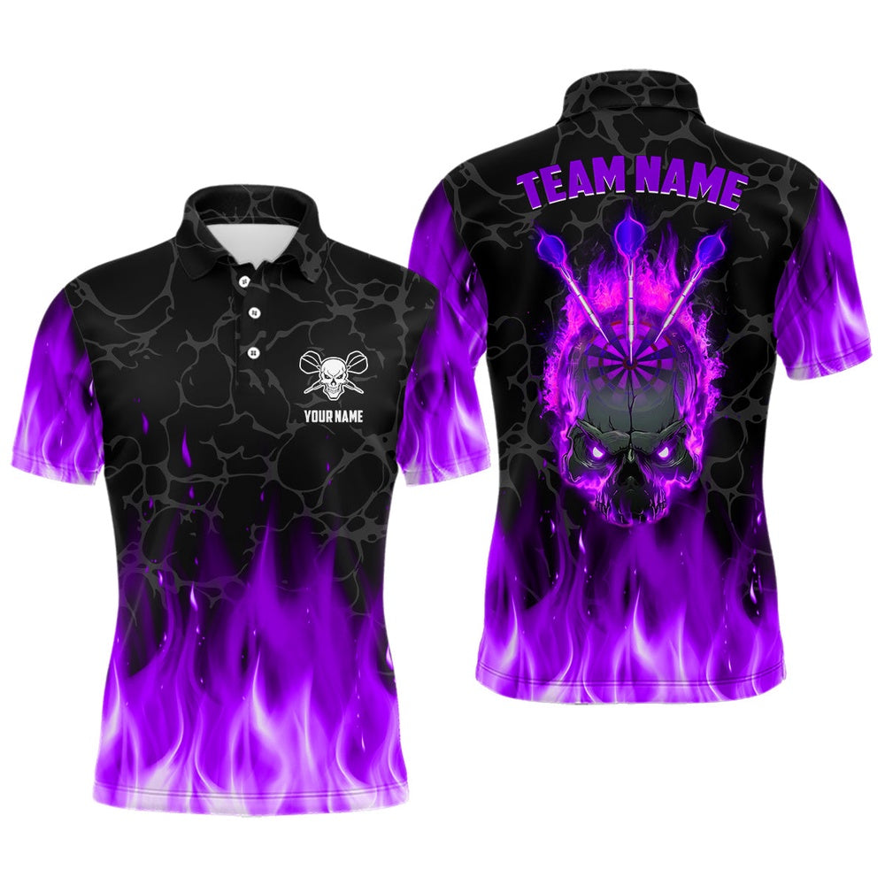 Fire Flame Skull Mens Darts Polo Shirt Custom Scary Darts Team Polo Purple, Darts Team Polo Shirt