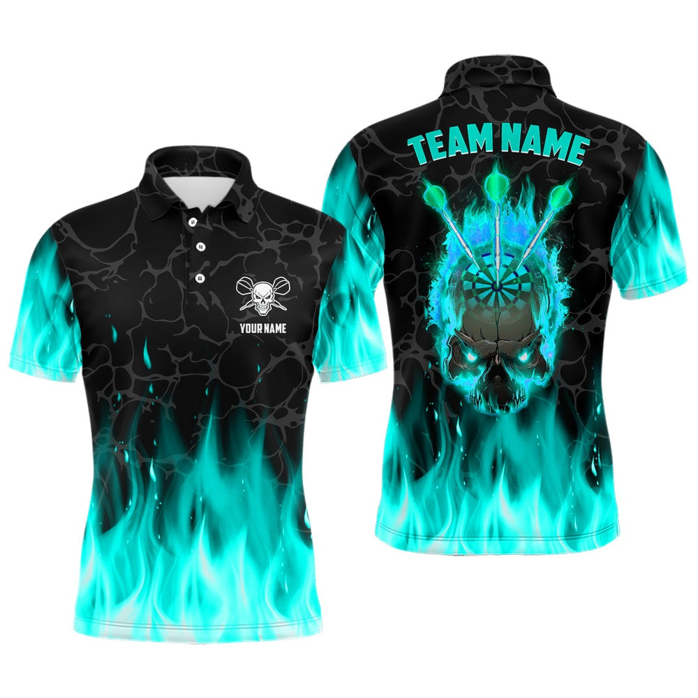 Fire Flame Skull Mens Darts Polo Shirt Custom Scary Darts Team Polo Turquoise, Darts Team Polo Shirt