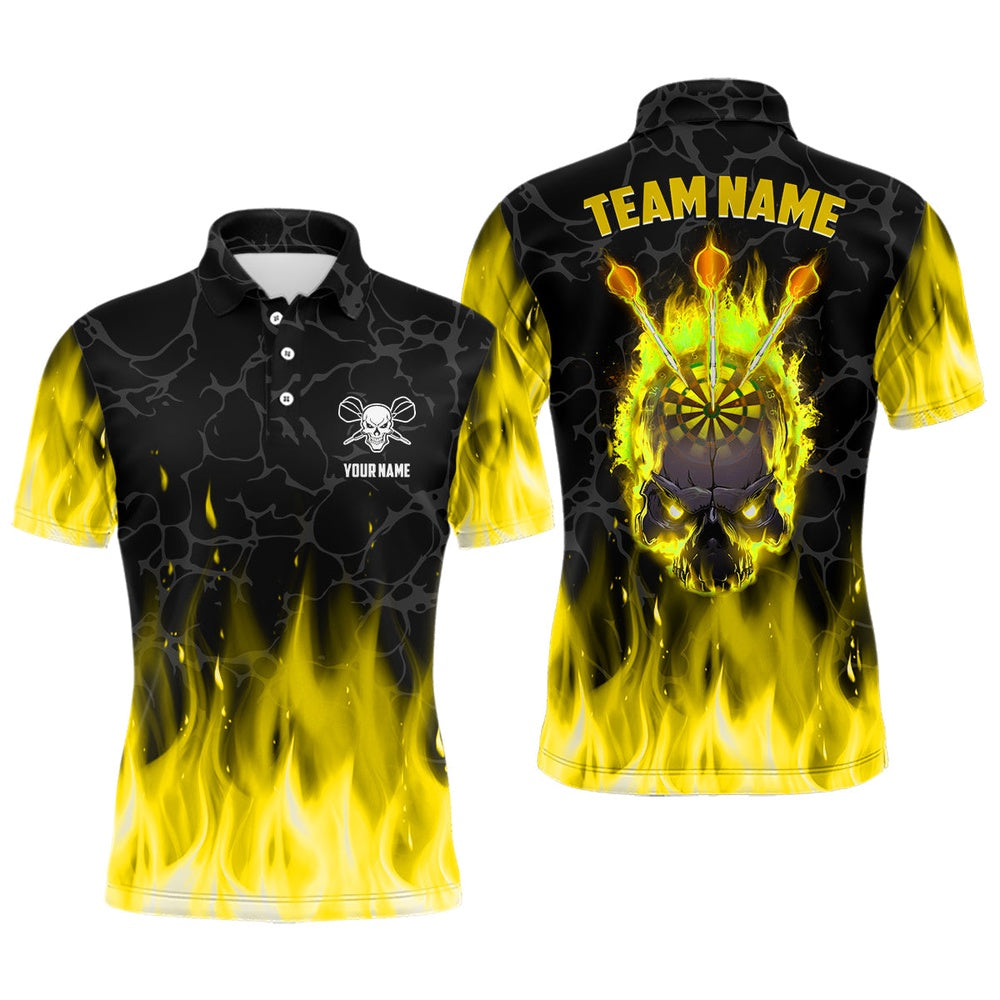 Fire Flame Skull Mens Darts Polo Shirt Custom Scary Darts Team Polo Yellow, Darts Team Polo Shirt