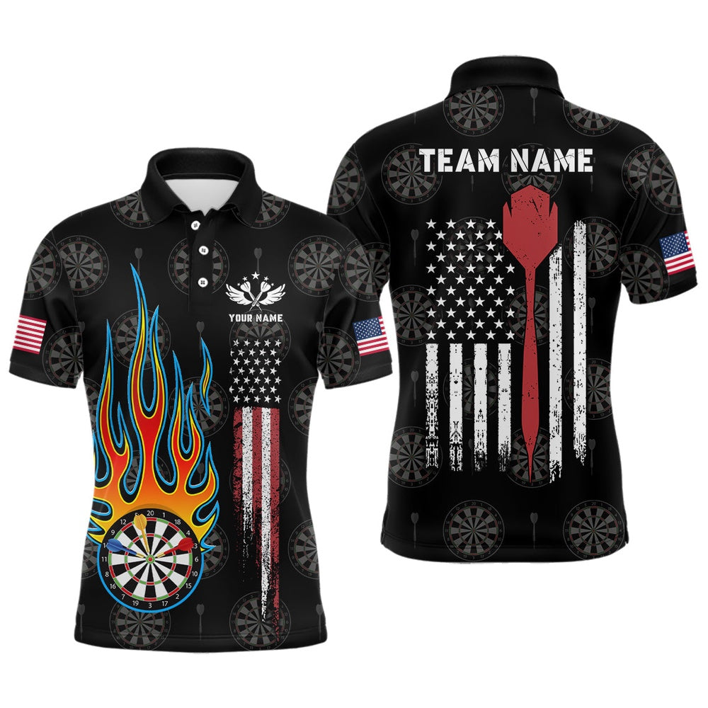 Flame Darts American Flag Mens Darts Polo Shirt Custom Patriotic Dart Polo For Men, Darts Team Polo Shirt
