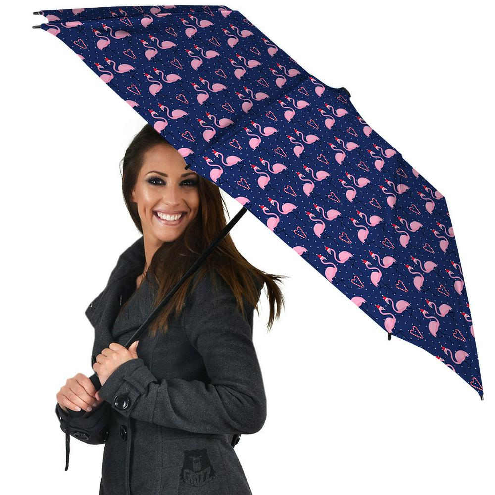 Flamingo Christmas Snowy Print Pattern Umbrella, Christmas Umbrella, Xmas Umbrella