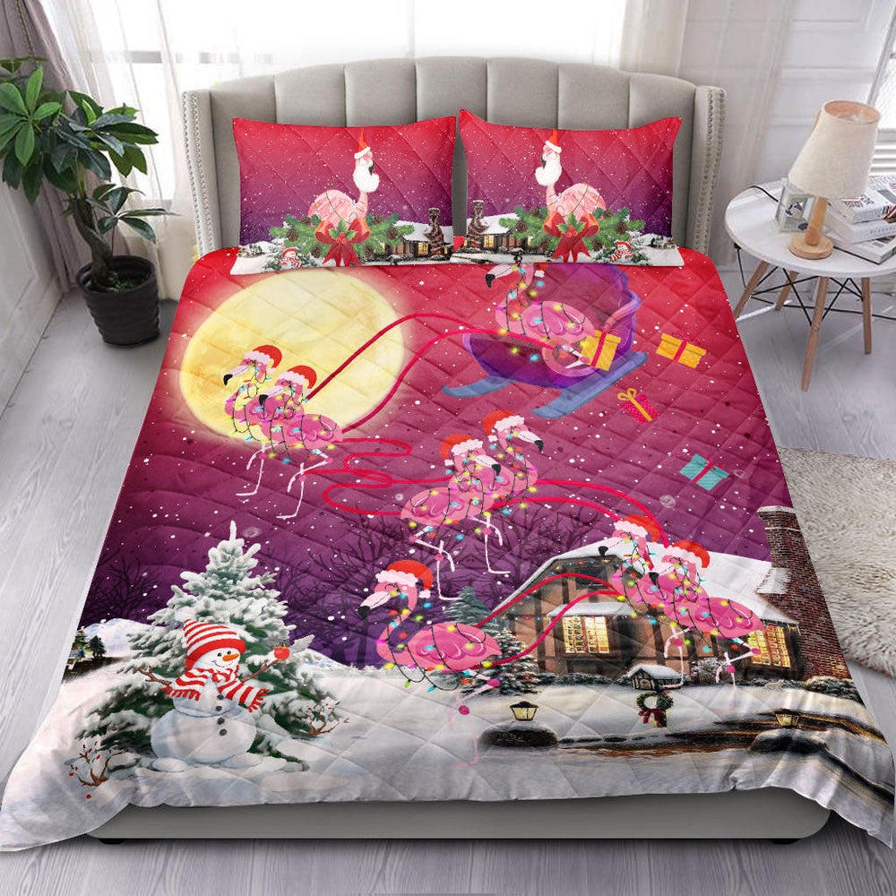 Flamingo Merrymas Xmas Night Winter Snow Bedding Set, Christmas Beddings, Xmas Bedding Sets