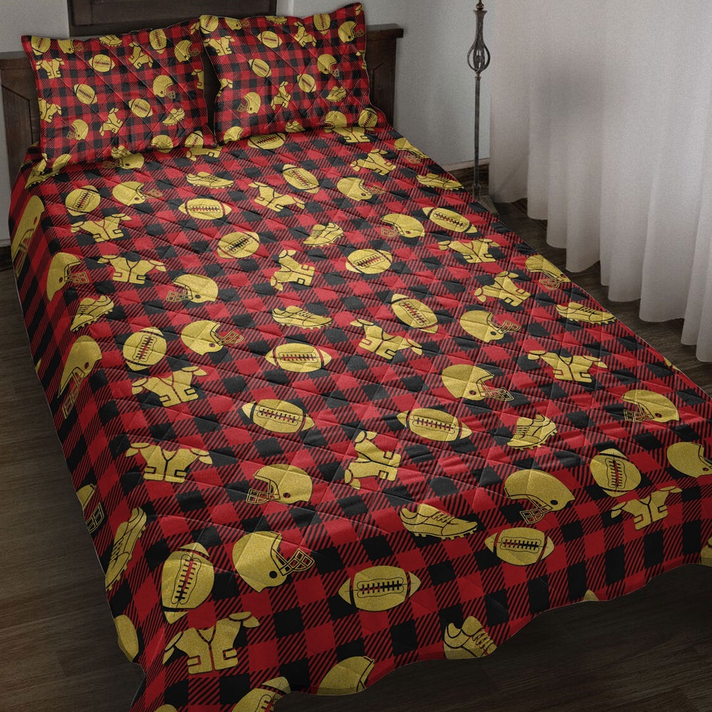 Football Gold Glittermas Red Buffalo Plaid Bedding Set, Christmas Beddings, Xmas Bedding Sets