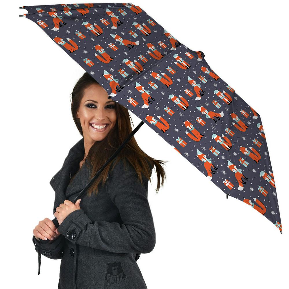 Fox Christmas Print Pattern Umbrella, Christmas Umbrella, Xmas Umbrella