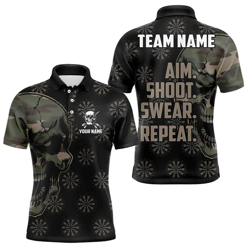 Funny Camo Darts Skull Aim Shoot Swear Repeat Custom Dart Shirts For Men, Vintage Dart Team Polo, Darts Team Polo Shirt