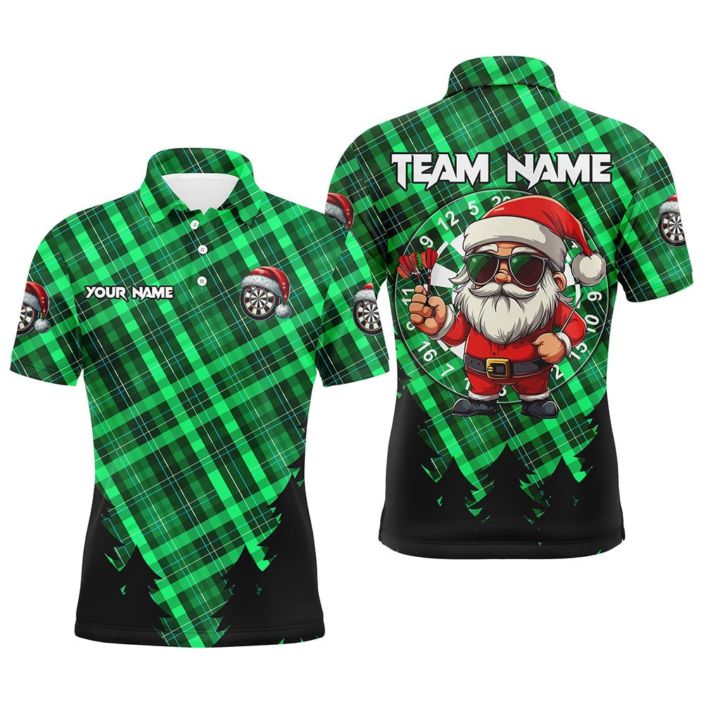 Funny Christmas Santa Custom Green Plaid Pattern Dart Shirts For Men, Christmas Darts Outfit Gift, Darts Team Polo Shirt