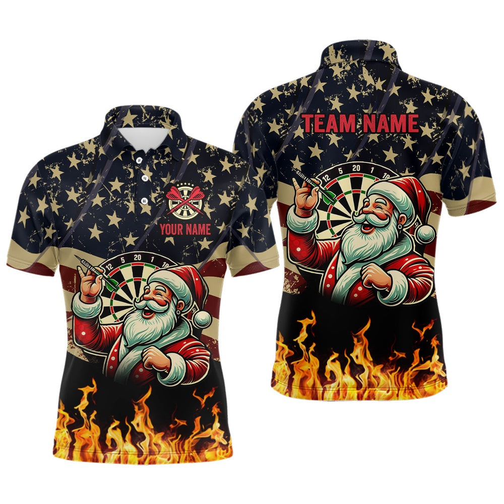 Funny Christmas Santa Playing Darts Custom USA Flag Fire Men Dart Shirts, Patriotic Dart Polo, Darts Team Polo Shirt