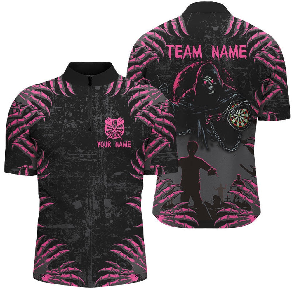 Funny Claw Death Skeleton Men Darts Shirts Custom Grunge Pink Black Scary Halloween Darts Jersey, Darts Team Jersey Shirt