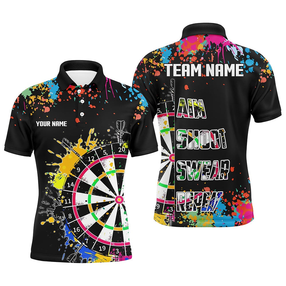 Funny Dartboards Colorful Paint Aim Shoot Swear Repeat Custom Men Darts Shirt, Dart Polo Black, Darts Team Polo Shirt