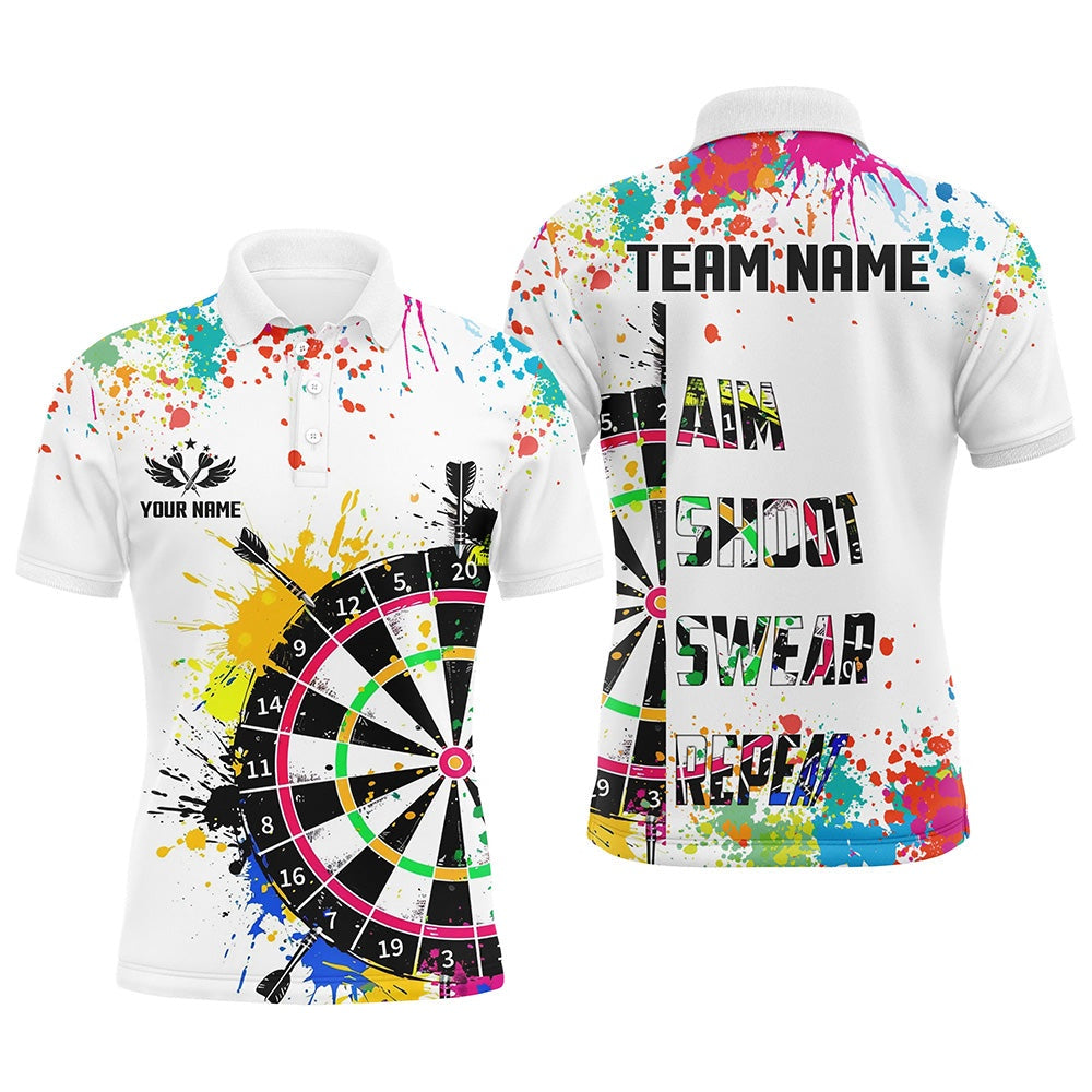 Funny Dartboards Colorful Paint Aim Shoot Swear Repeat Darts Shirt For Men Custom Darts Team Polo, Darts Team Polo Shirt