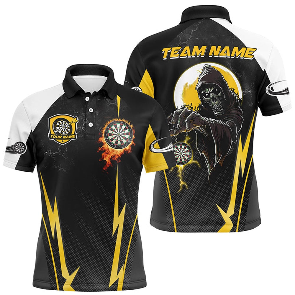 Funny Death Skeleton Custom Yellow Black Darts Shirts For Men, Personalized Cool Darts Team Polo, Darts Team Polo Shirt