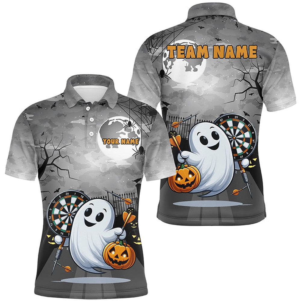Funny Ghost Halloween Darts Shirts For Men Custom Unique Halloween Gifts For Darts Lover, Darts Team Polo Shirt