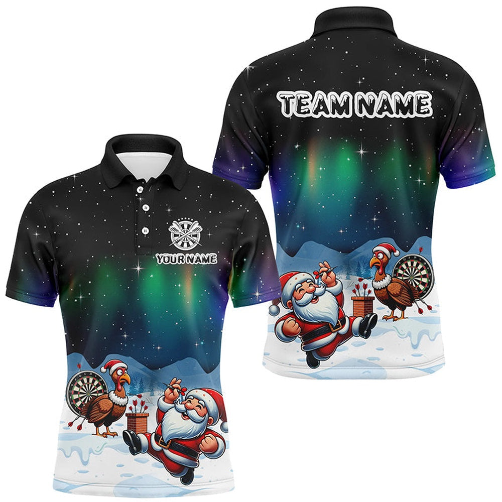 Funny Santa And Turkey Playing Darts Custom Dart Shirts For Men, Unique Christmas Dart Polo, Darts Team Polo Shirt