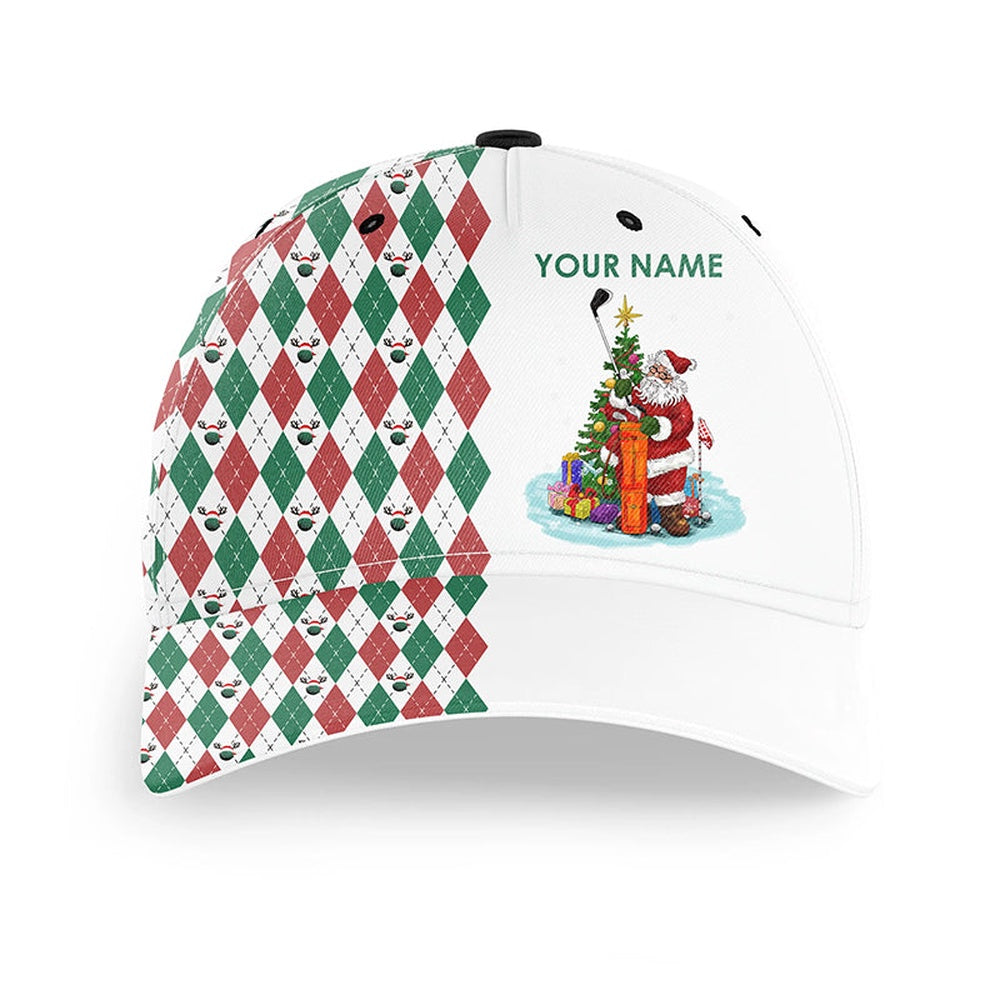 Funny Santa Golfer Hat Custom Name Christmas Plaid Argyle Golf Ball Pattern, Christmas Golf Gifts, Golf Baseball Cap