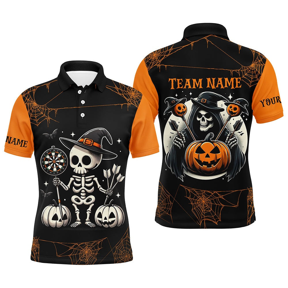Funny Skeleton Halloween Darts Shirts For Men Custom Halloween Shirts Gifts For Darts Player, Darts Team Polo Shirt