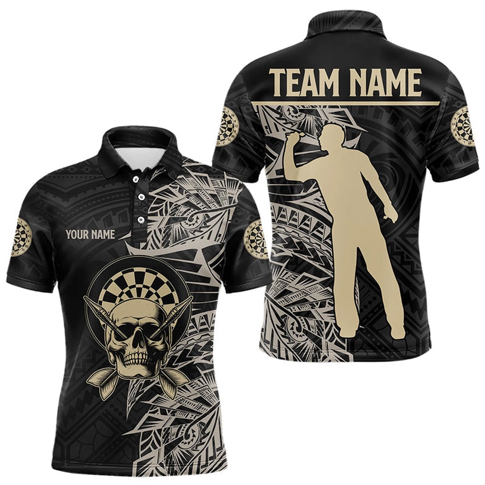 Gold And Black Tribal Pattern Custom Dart Shirts For Men, Skull Darts Team Shirts Dart Polo, Darts Team Polo Shirt