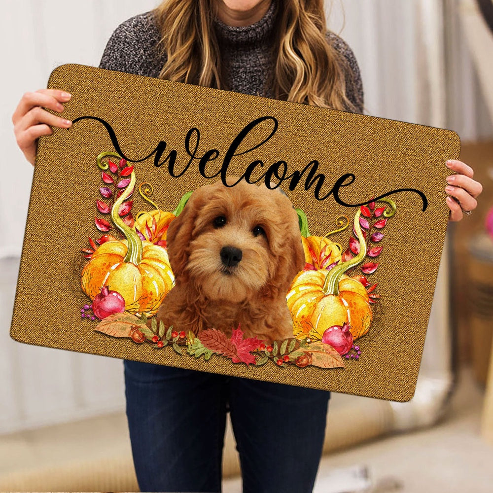 Goldendoodle Welcome Doormat, Pumpkin Spice Goldendoodle Dog Welcome Fall Autumn Welcome Doormat, Pets Home Decor Door Mat
