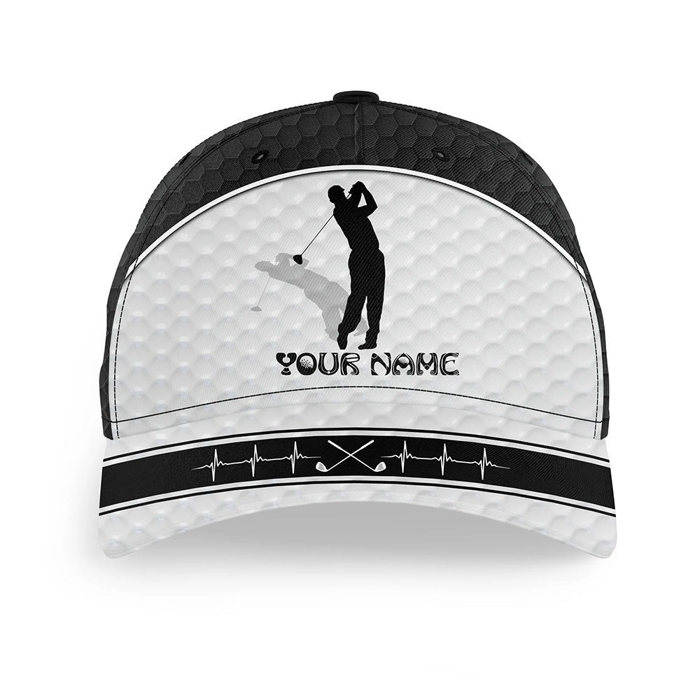 Golfer Hat Custom Name Golf Heartbeat Black & White Golf Hats Unisex Baseball Mens Golf Hats, Golf Baseball Cap