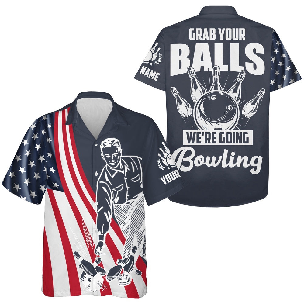 Grab Your Balls We'Re Going Bowling Hawaiian Shirt, Custom Bowling Hawaiian Men Usa Bowling Shirt, Bowling Team Hawaiian