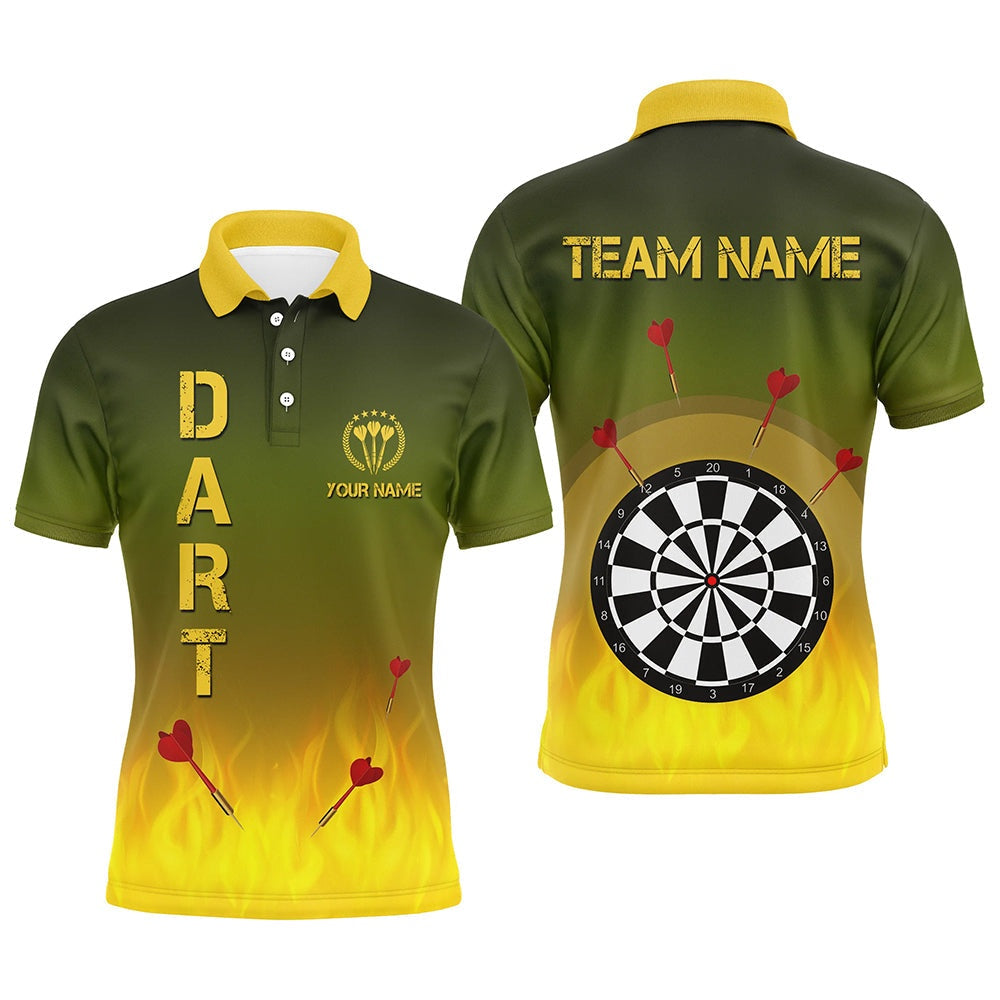 Gradient Green Yellow Fire Flame Mens Darts Polo Shirts Custom Darts Polo For Men, Darts Team Polo Shirt