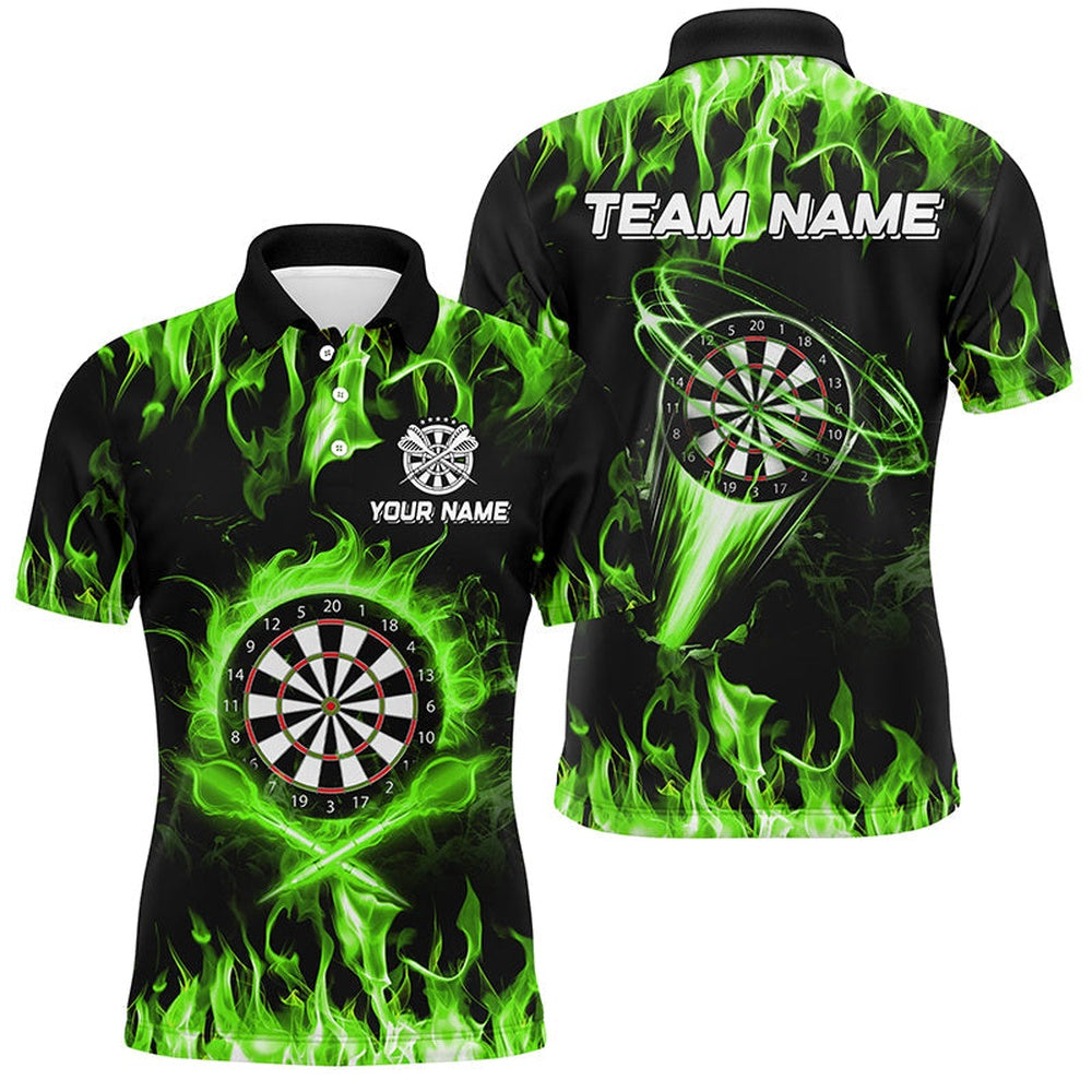 Green 3D Printed Fire Flame Darts Shirts For Men Custom Lightning Darts League Team Polo, Darts Team Polo Shirt