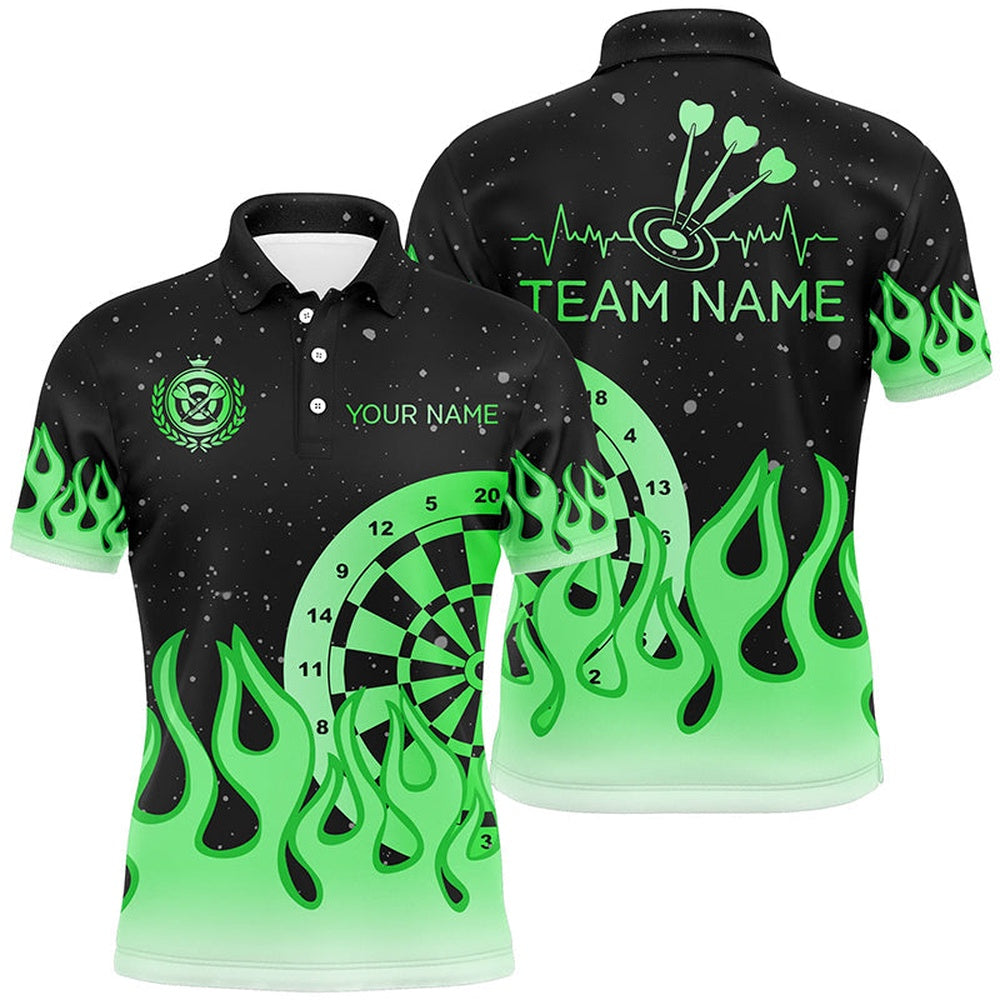 Green Dartboard Fire Flame Men Darts Polo Shirt Custom Team Polo Darts Gifts, Darts Team Polo Shirt