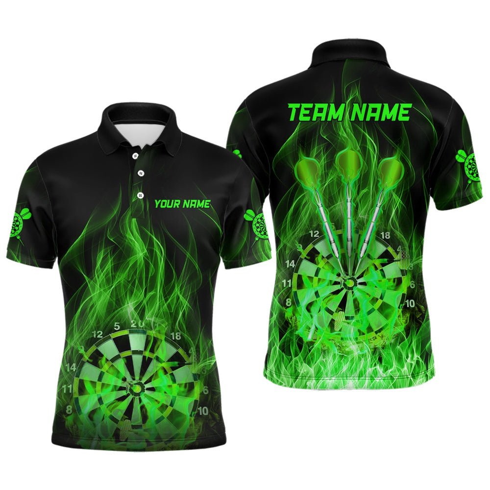 Green Fire Flame Dartboard Mens Darts Polo Shirt Custom Dart Shirts For Men Dart Polo, Darts Team Polo Shirt